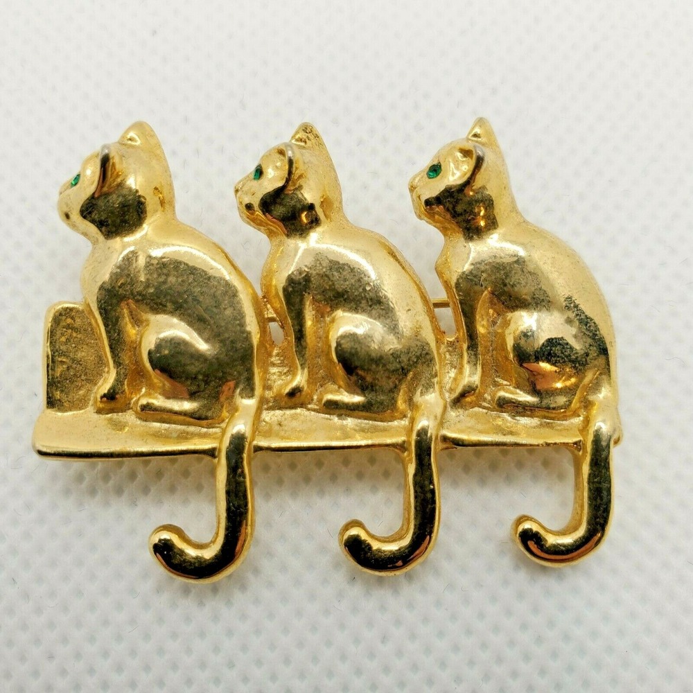 Vintage Gold Tone Green Rhinestone Eyes 3 Cats Kittens Kittys Brooch Pin
